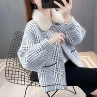 office lady elegant mink fleece plaid jacket women korean pearl button sweater cardigan fall fashion long sleeve knitted coat