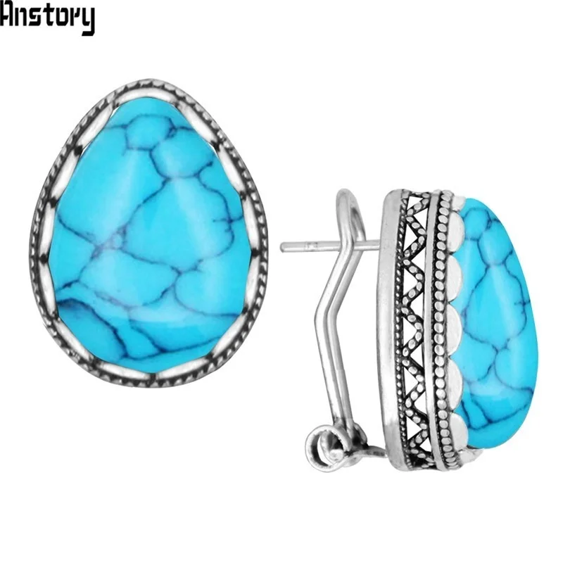 5 Colors Water Drop Stone Earrings Stud Vintage Lady Antique Silver Plated Push-Bback Fashion Jewelry TE509 | Украшения и