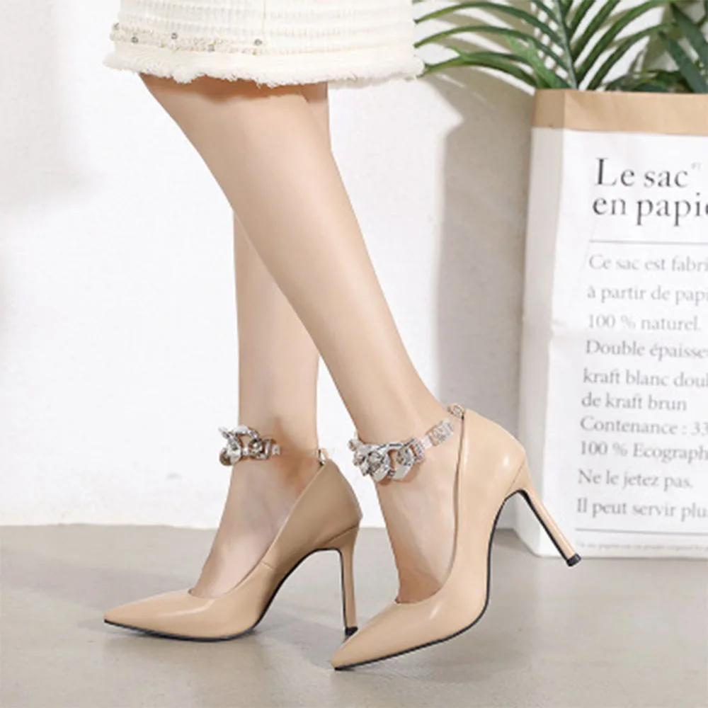 

2021 New Heels Women Pointed Toe Chain Decoration Stiletto Sexy High Heels