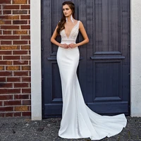 deep v neck mermaid wedding dresses women 2021 sleeveless lace vintage civil satin bridal gown for women backless custom made