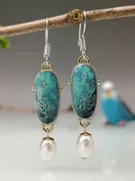 fashion ol style inlaid turquoise hanging imitation pearl earrings exquisite gold and silver two color womens earrings jewelry