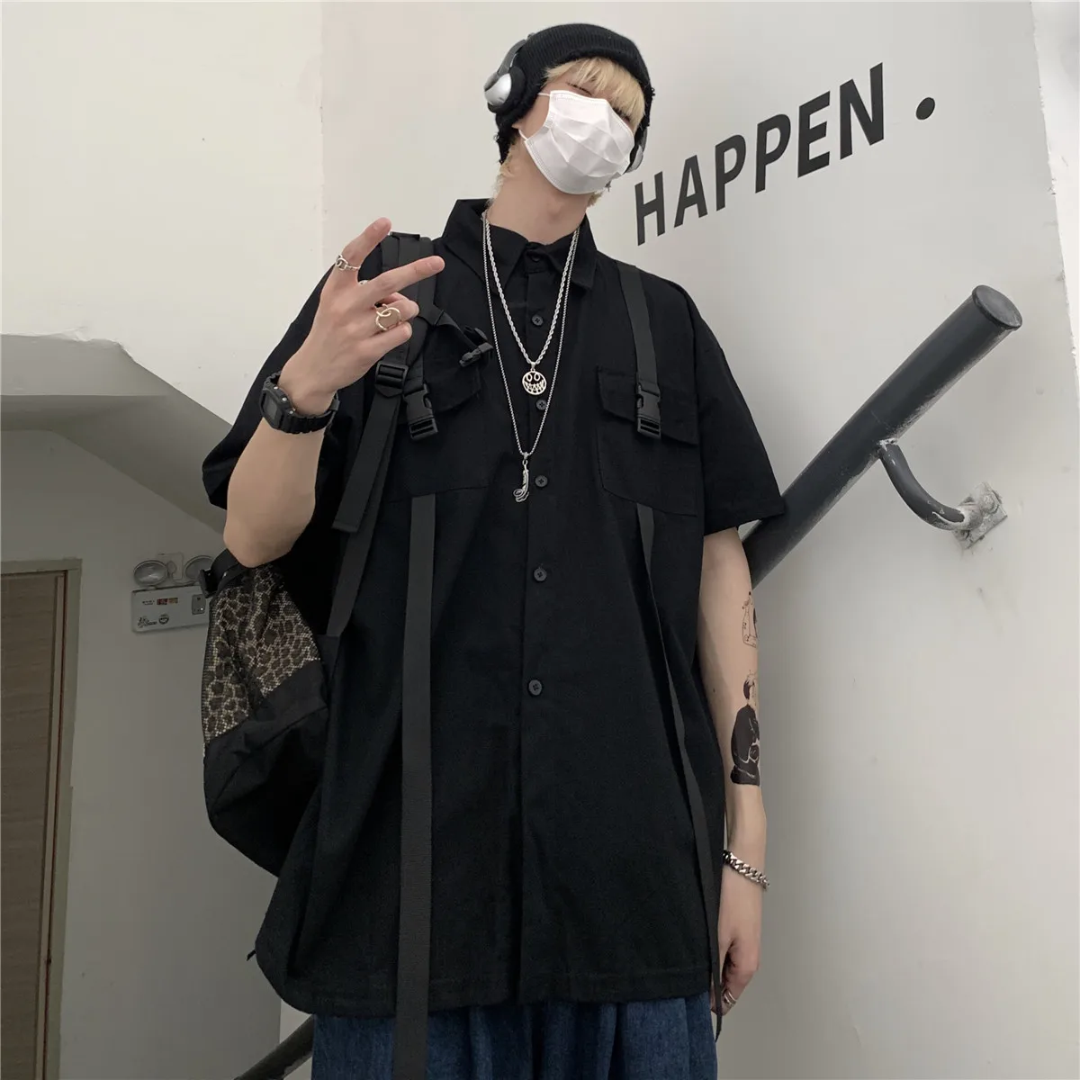

New Ins Tooling Short Sleeve Shirts Casual Couple Clothing Solid Vintage Camisas Homme 2021 Summer Fashions Hip Hop Streetwear