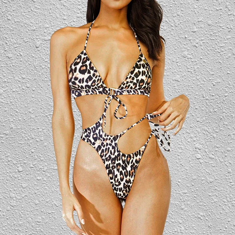 

Sexy Bikini Split Swimsuit Leopard Print Lace Halter Bikini