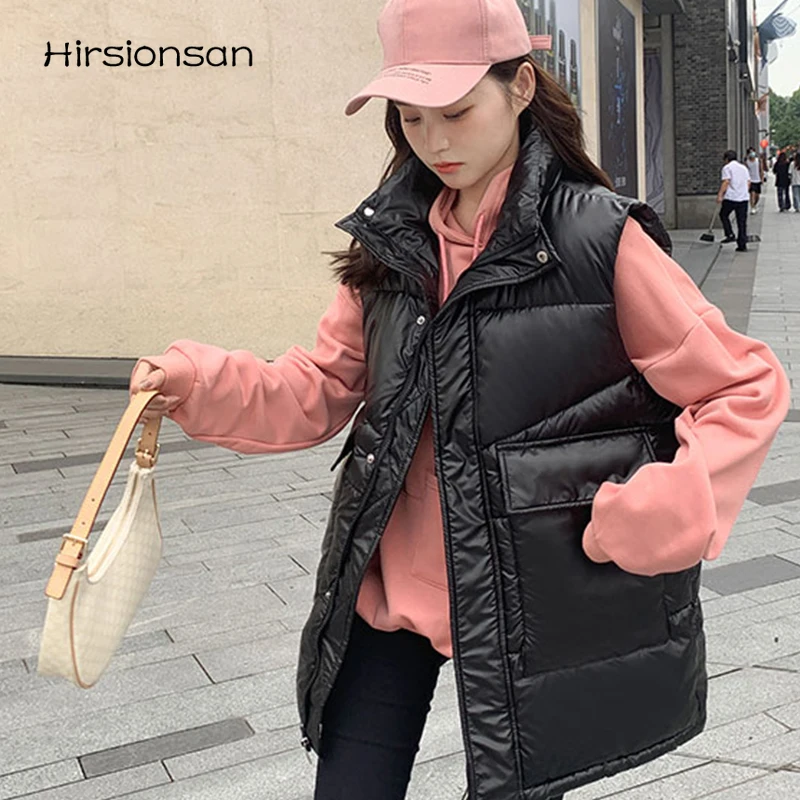 

Зимние утепленные жилеты Hirsionsan на молнии, Женский однотонный Повседневный жилет без рукавов, женский модный Универсальный пуховик с карман...