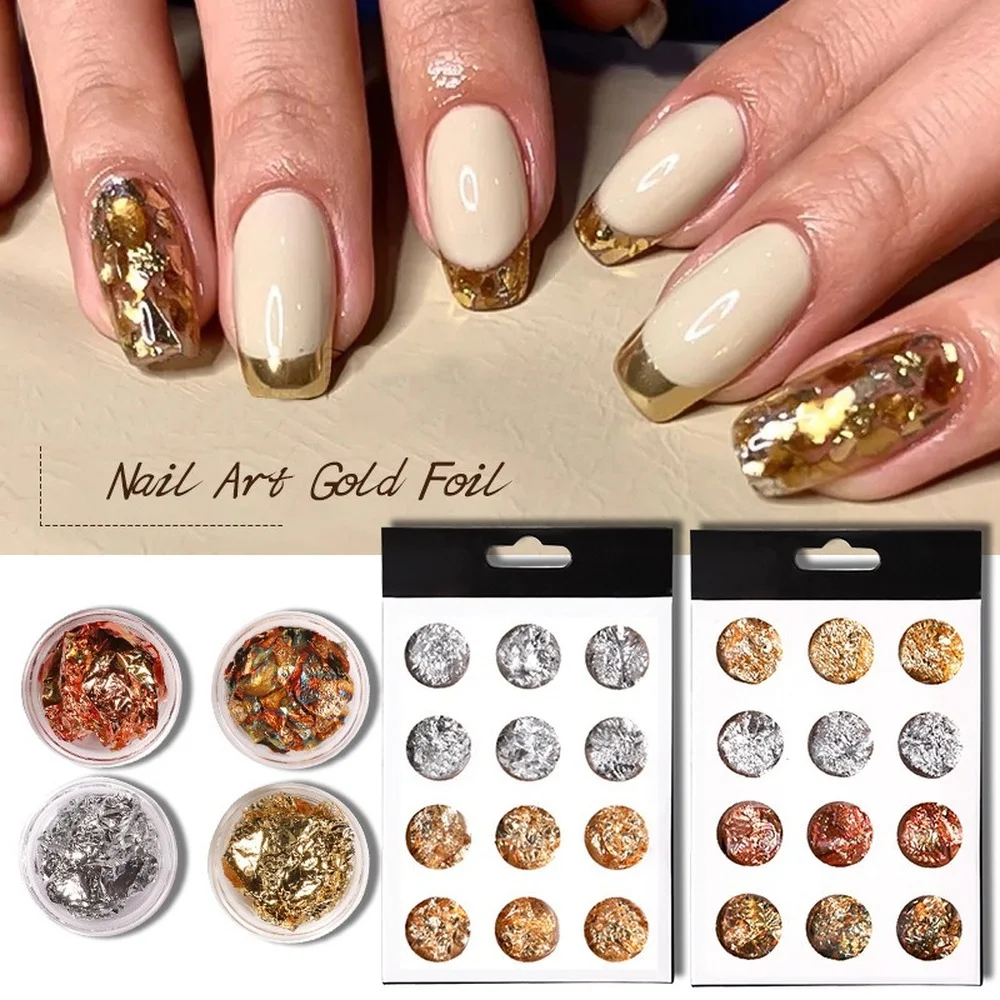 

12 Grids/Box Mixed Colors Aluminum Flakes Nail Art Gold Foil Sequins for Nails Chrome Powder Manicure Nail Art Decorations