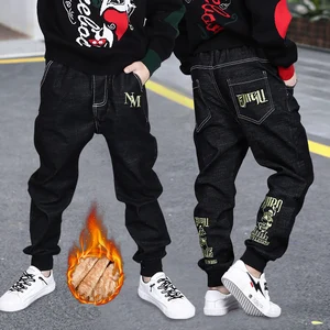 Джинсовые штаны для мальчиков от 4 до 14 лет теплые зимние детские обтягивающие джинсовые брюки плотная Шерстяная Одежда с надписями для мальчиков-подростков, новая осенняя одежда