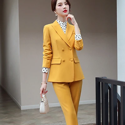 Yellow Pant Suit Офис работы Блейзер костюмы высокого качества женские туфли из органической кожи Штаны костюм блейзеры Куртки с брюк комплект из двух предметов красный розовый синий - Цвет: Yellow Pant Suit
