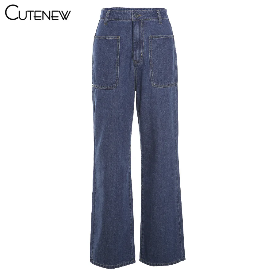 

Cutenew 2021 Spring Autumn High Waist Blue Loose Zipper Wide Leg Pants Women Cotton Jeans Pockets Simple Casual Lady Streetwear