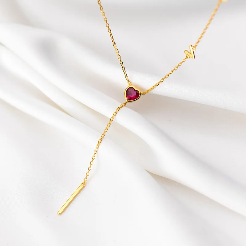 

Ginin Pure 925 Sterling Silver Necklace for Women Korean Fashion Red Zircon Love Heart Shape Letter V Neck Choker Female Jewelry