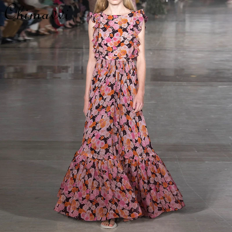 

Sweet Floral Maxi Dress for Women 2021 New Fashion Retro Flying Sleeves Dress High Waist Slimming Elegant Dress Floor-length