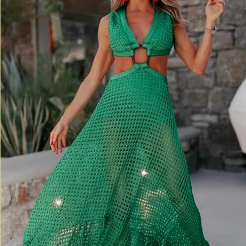 Сетчатый прозрачный длинный сарафан модное женское пляжное богемное платье
