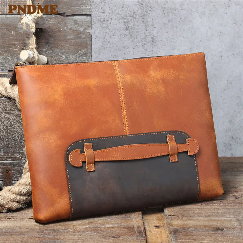 PNDME retro genuine leather large-capacity men's clutch bag simple designer natural real cowhide work laptop A4 file bag