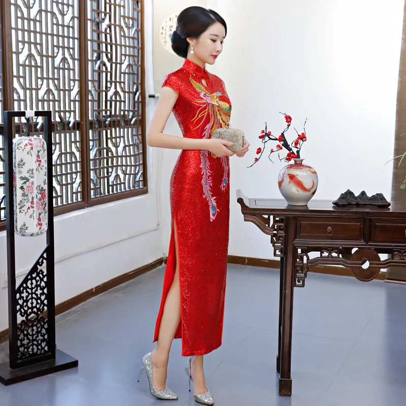 Красное женское летнее длинное винтажное китайское платье ченсам Стиль