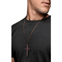 men wood cross crucifix pendant on cord necklace