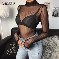 sexy mesh see through long sleeved t shirt women high neck tight fitting jumpsuit summer see through mesh crop tops streetwear