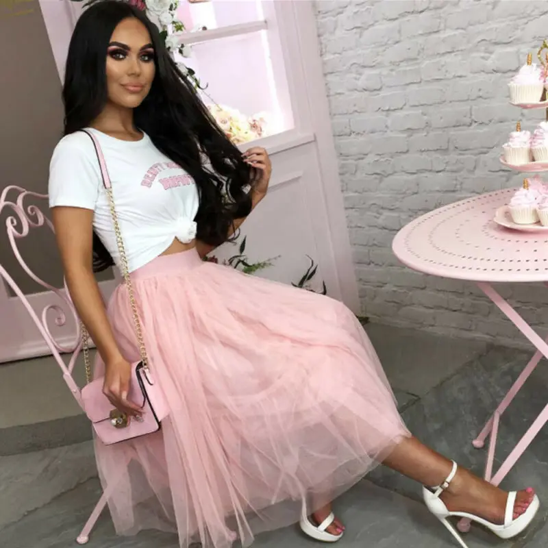 Женская плиссированная юбка средней длины 3 Слойная Юбка 65 см из фатина с высокой