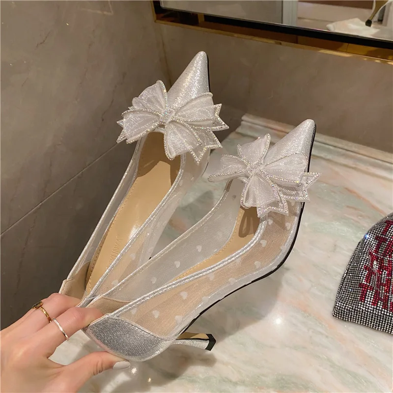 

Pointed Toe Women High-heeled Shoes Big Bowknot Rhinestone Banquet Polka Dot Sweet Women Shoes Elegant Party Stiletto Shoes