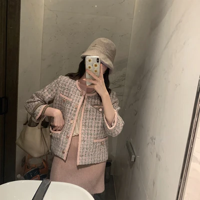 Pink Европейский стиль осень зима короткая твидовая куртка пальто для женщин элегантный тонкий длинный рукав женский подиум шерстяная куртка - Color: Pink
