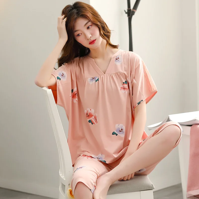 Modal Pajamas Women's Summer Short Sleeve Capris Loose Size Cotton Silk Housewear Suit Female Sleepwear Sleeping Wear Lingerie
