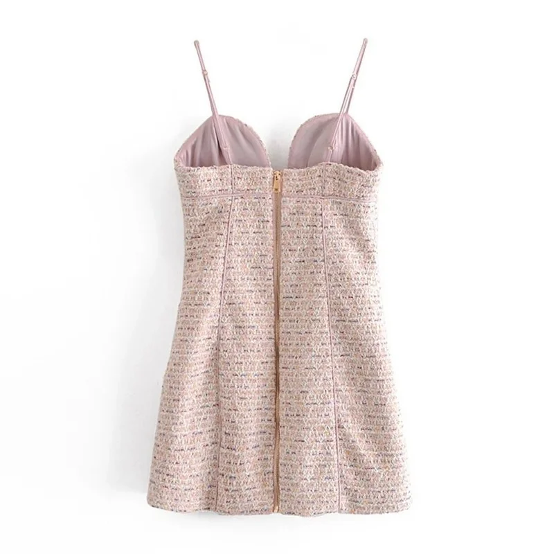 

Women Solid Colors V Neck Sleeveless Dress Sweet and Sexy Tweed Slip Dress Summer 2021 Girl Fashion Cute All Match Streetwears