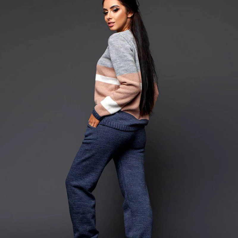 Grey-Navy Blue Женский вязаный костюм из двух предметов MVGIRLRU, разноцветный костюм с укороченным свитером/пуловером и с брюками - Цвет: Grey-Navy Blue