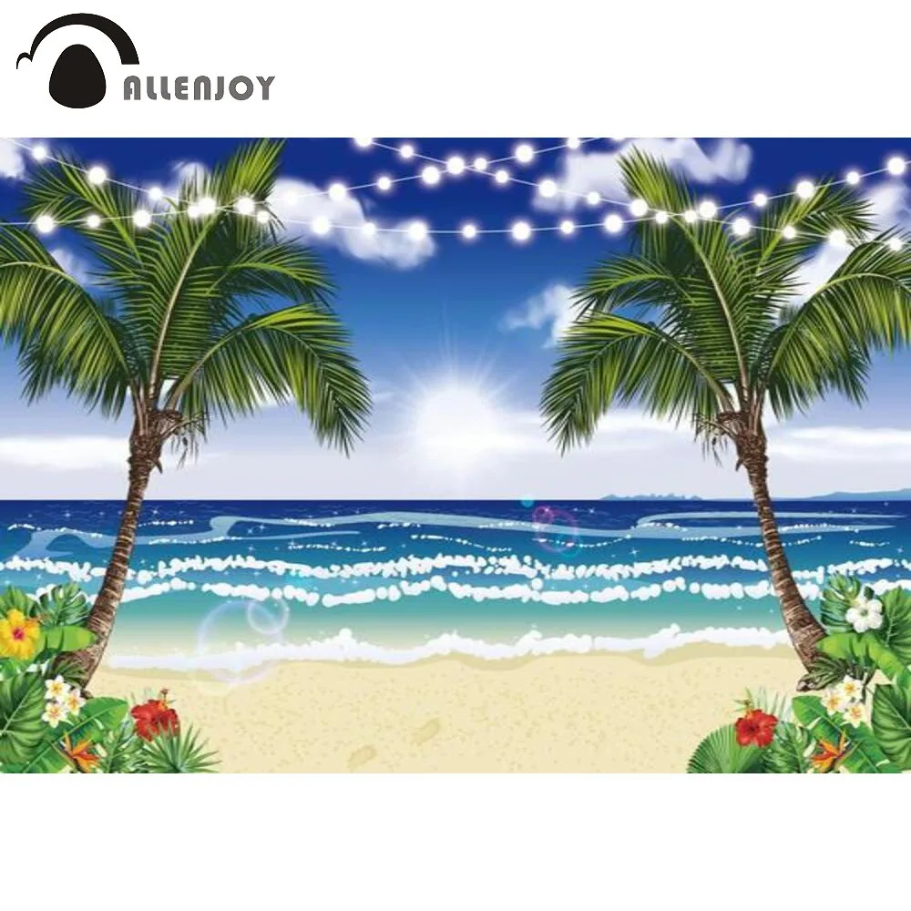

Allenjoy Sea Backdrop Sand Beach Coconut Tree Summer Vacation Family Party Decor Background Photozone Photobooth Photophone