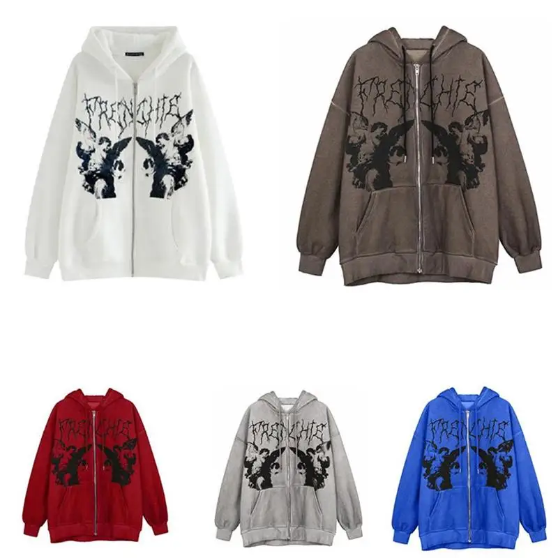 

2021 Winter Autumn Couple Oversized Dark Angle Print Zipper Hoodies with Pockets Casual Cardigan Jacket sweatshirt for Daily