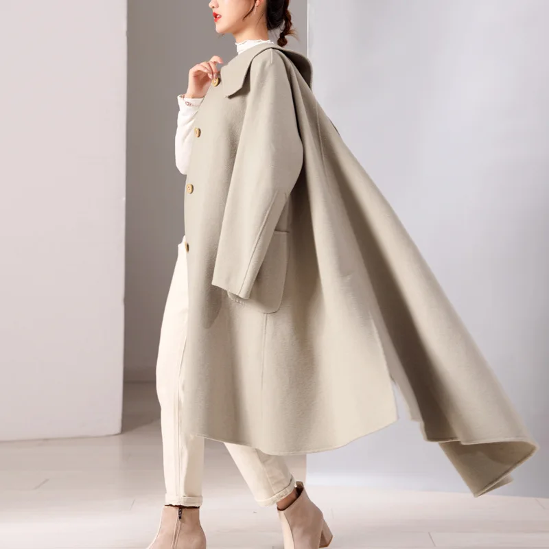 

Для женщин Двусторонняя отделанной тесьмы волнистые шерстяное кашемировое пальто Зимние шерстяные куртки высокого класса длинный ручной ...