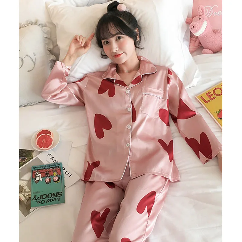 Модная женская одежда для сна из искусственного шелка весенне-осенний комплект с