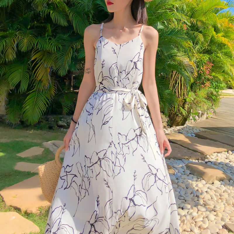 

Summer Women Beach Dress Fashion White Chiffon Sexy V-neck Backless Boho Print Vacation Tropical Party Elegant Dresses Vestidos