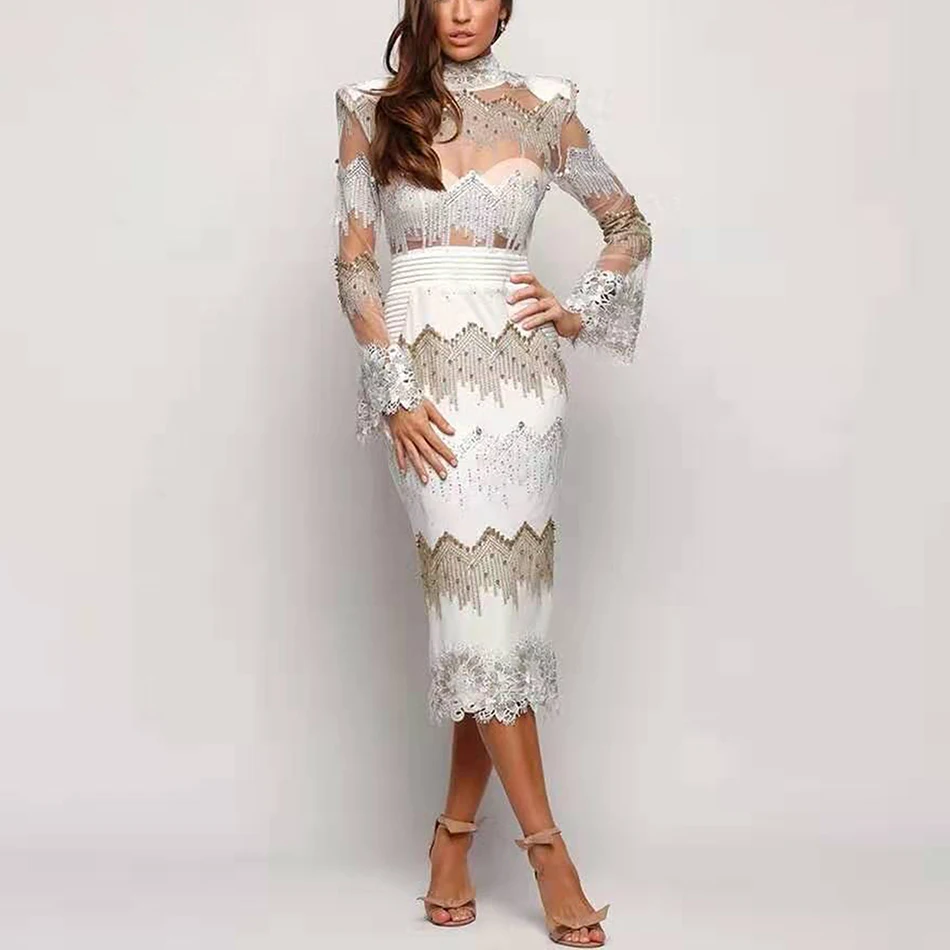 2019 осеннее Новое Женское модное сексуальное Белое лоскутное платье с бусинами и