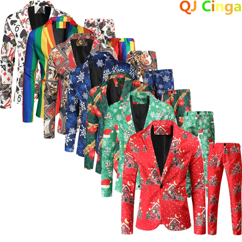 Red Printed Two-piece Men's Christmas Suit (Jacket + Pants) Stylish Male Blazer Coat with Trousers Black Green Blue S-4XL