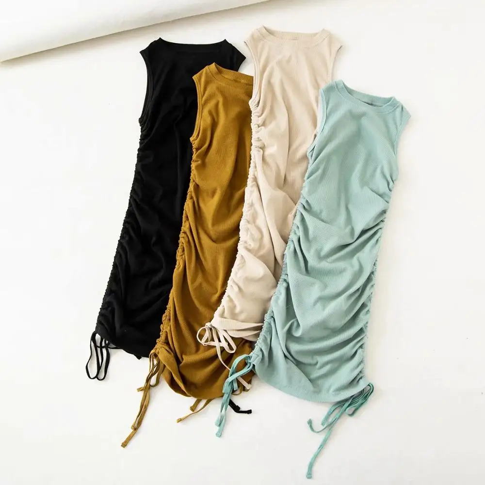 

Woman sleeveless Drawstring summer mini dress