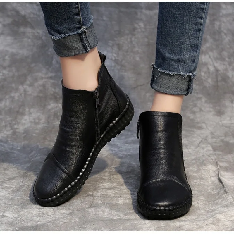 

Genuine Leather Shoes Women Boots 2021 Autumn Winter Fashion Handmade Ankle Boots Warm Soft Outdoor Casual Flat Shoes Woman 2668