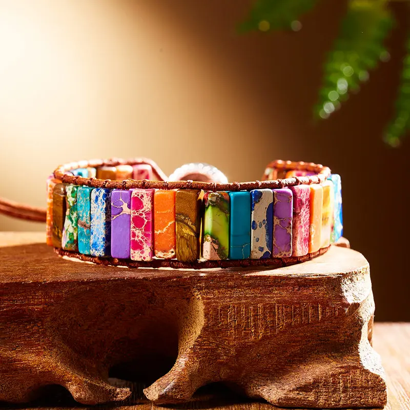 

Handmade Woven Natural Stone Tube Beads Chakra Bracelet For Women Men Couple Rope Chain Wrap Heart Adjustable Jewelry Gifts