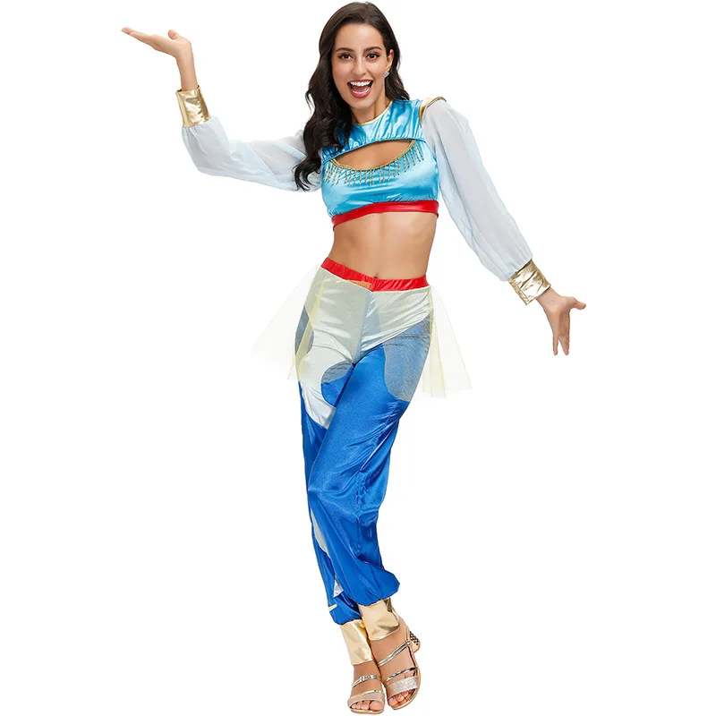 Umorden Fantasia Purim Halloween Costumes for Women Arabian Nights Jasmine Costume Blue Genie Cosplay Belly Dancer Dress
