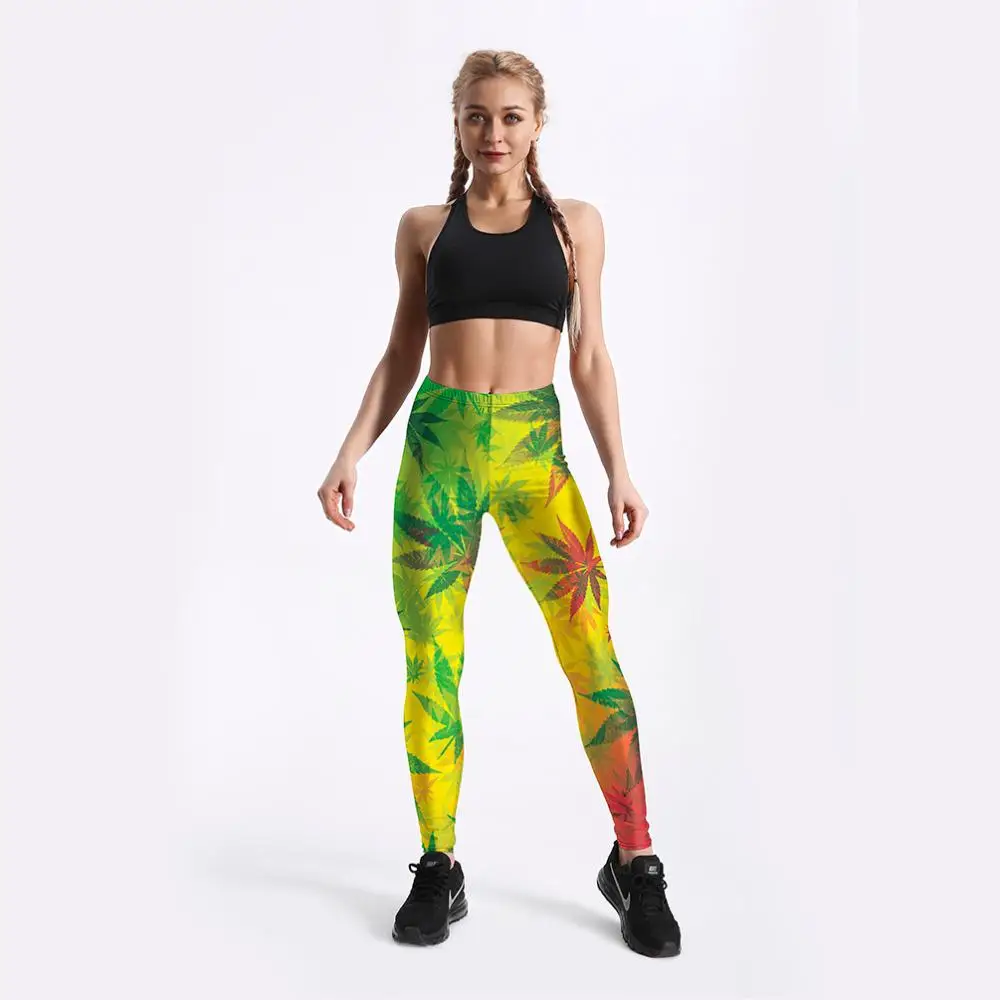 

New Fitness Green Leggings Women Push Up Sexy Leggins Mujer Workout Casual Pants Trousers Leaf Printed High Waist Summer S-XXXXL