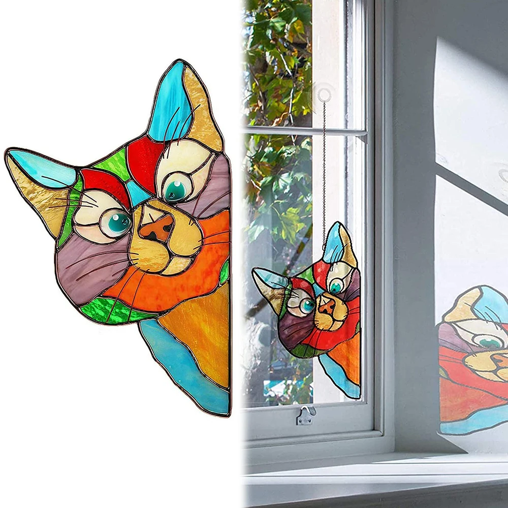 

Window Hanging Suncatcher Painted Cartoon glass Cat Ornament Pendant Personalized Stained Sun Catcher Kitten Window Hangs Gift