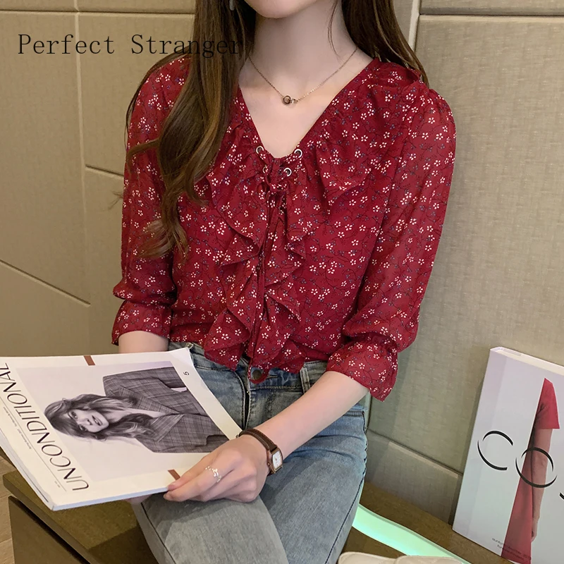

On You 2020 Summer New Arrival Leisure V Collar Flower Printed Short Sleeve Women Chiffon Blouse High Quality