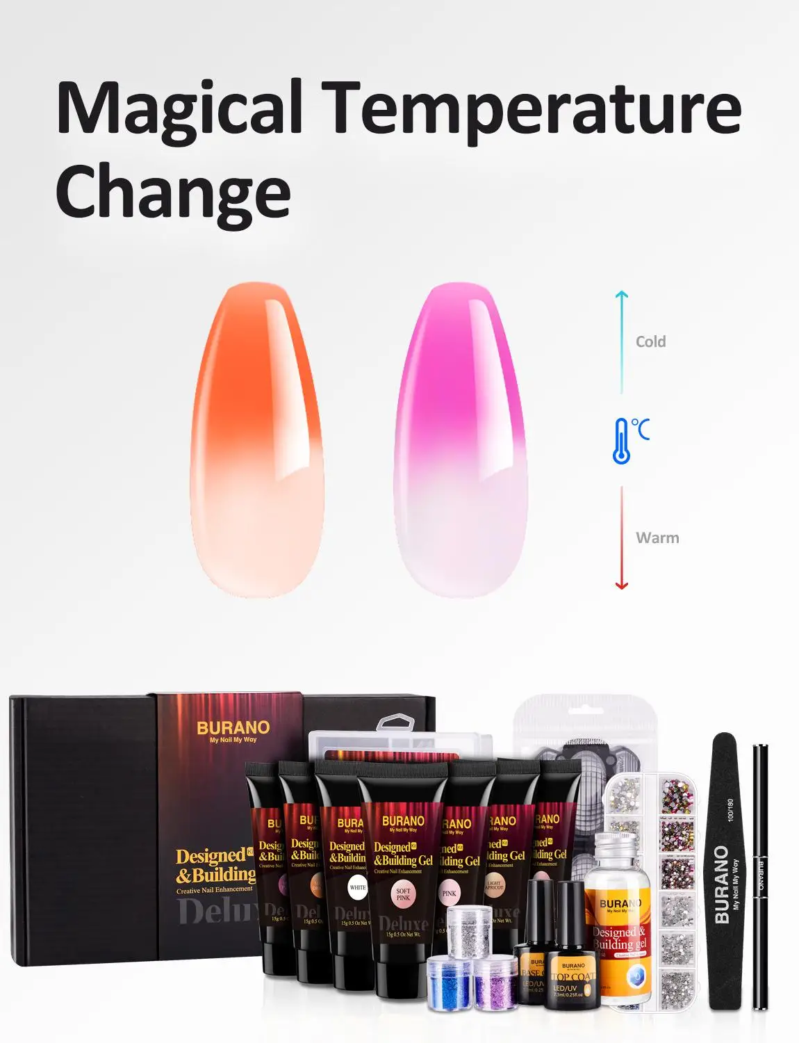 Бурано Делюкс поли гель для ногтей стартовый набор температуры изменение цвета