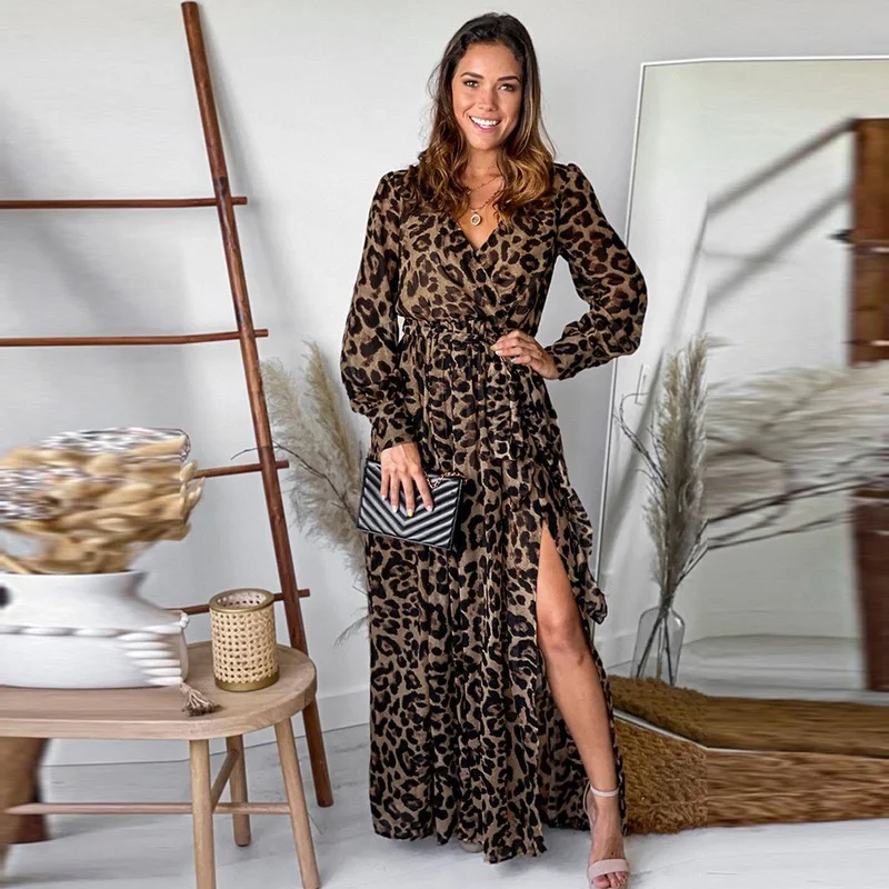 

Autumn Sexy woman Leopard print Dress party Long Sleeve Vintage midi Dresses casual Clothes For Fashion Woman's Clothing 2021