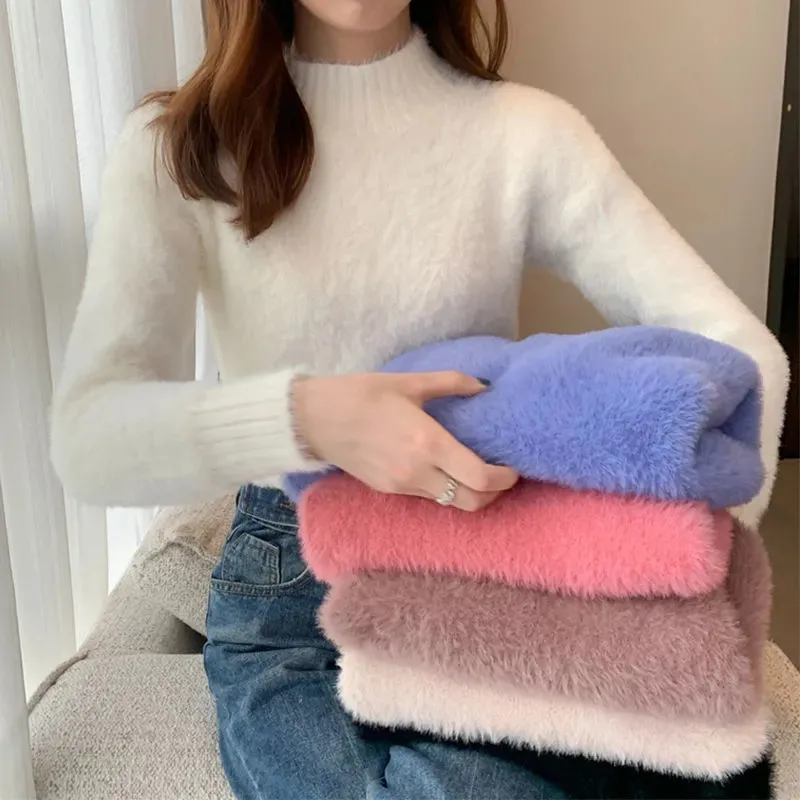

Женские вязаные свитера с ложным воротником и длинными рукавами из искусственной норки, пуловеры, вязаная одежда на флисе на осень и зиму, т...