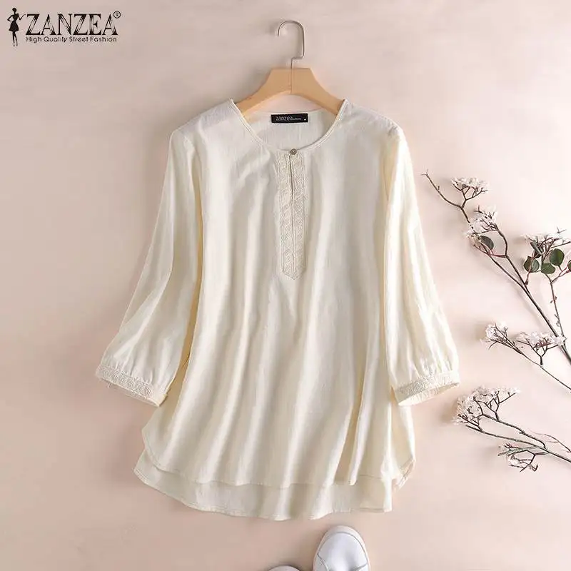 

Блузка ZANZEA Женская хлопковая однотонная, модная туника с рукавом 3/4 и круглым вырезом, топы, повседневные блузки 7