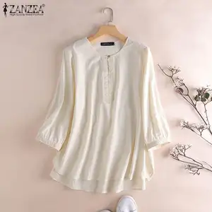 Блузка ZANZEA Женская хлопковая однотонная, модная туника с рукавом 34 и круглым вырезом, топы, повседневные блузки 7