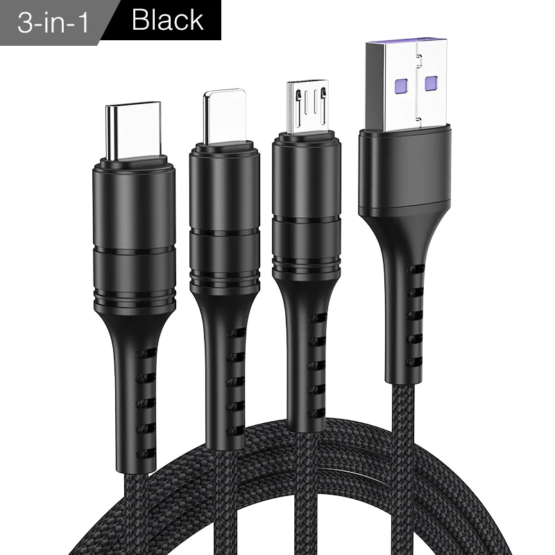 upgrade Round Black YKZ кабель для мобильного телефона 3 в 1 Micro USB кабель usb type-C кабель для зарядки для samsung Xiaomi huawei USB шнур для освещения - Цвет: upgrade Round Black