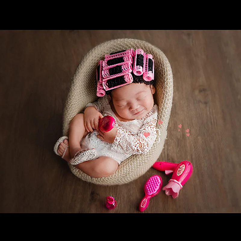 Baby Photography Prop Mini Perm Rods Cap Electric Hair Drier Comb Mirror Lipstick Slipper 1 Set Newborn Creative Props | Детская одежда
