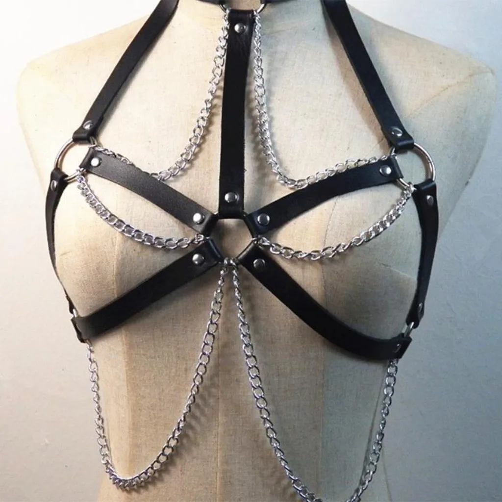 SM Sexy Erotic Suit Adult Sex Toys Leather Handcuff Hihappiness Black Women's Punk Metal Chain Tassel Body Caged Dan H4 |
