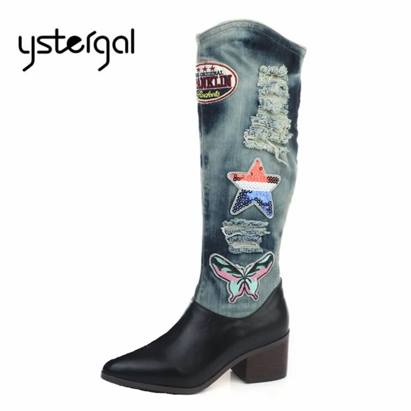 

Ystergal Appliques Women Denim Boots Chunky High Heel Knee High Boots Pointed Toe Slip-on Jean Botas Mujer Rubber Shoes Woman