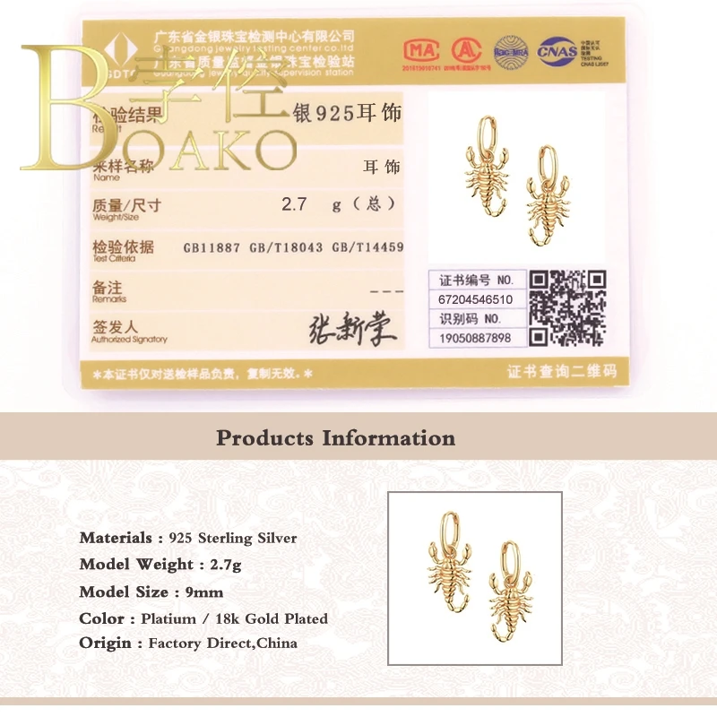 

BOAKO Scorpion Earrings S925 Silver Earrings For Women 2020 Fashion Hoop Earring Fine Jewelry Pendientes Brincos Aretes For Girl