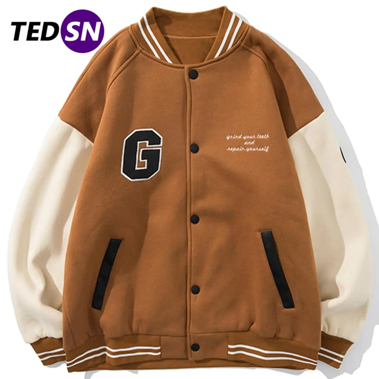 

TEDSN Men Baseball Jacket Coat Varsity Brown Black Streetwear 2021 Winter Top Women Casual Male Clothes Vintage Cotton Fashion